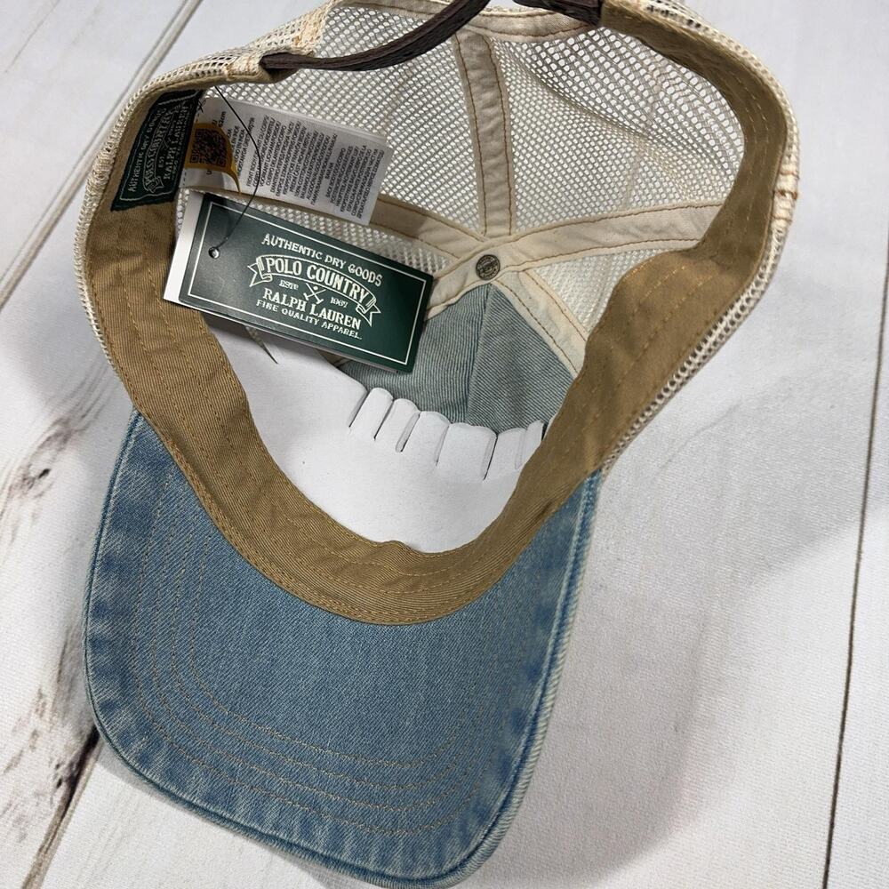 Polo Country Denim Leather Patch Trucker Hat Mens Blue Mesh Cap Ralph Lauren - Picture 7 of 14